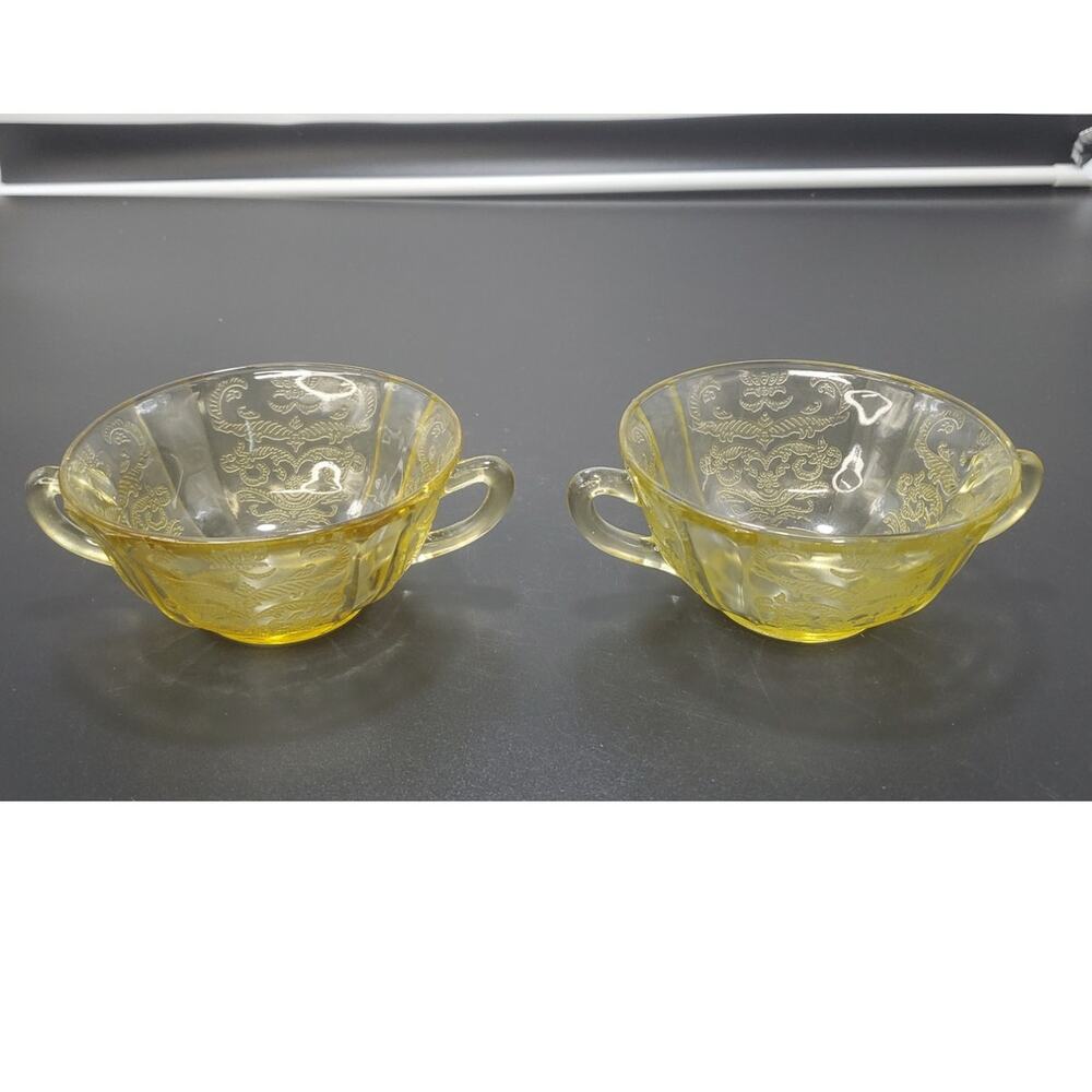 Depression Glass 4 3/4" Soup Bowls w/Handles FEDERAL MADRID Yellow Set of 2
